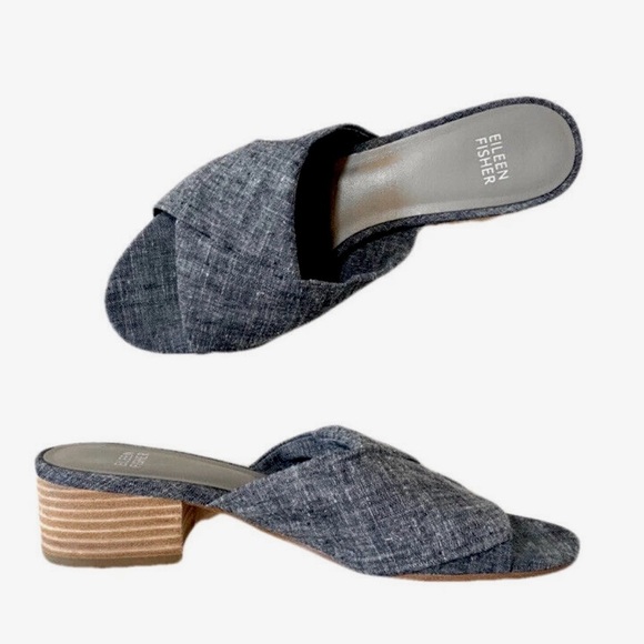 Eileen Fisher Ruche Mule Sandals Chambray Blue Denim Block Heel Comfort Size 8 - Picture 1 of 10